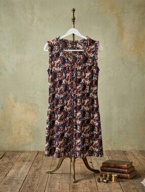 Boho Beach Sleeveless Floral Print Shift Dress in Navy and Rust